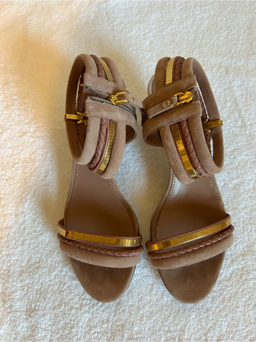 Sergio Rossi Brown Suede Braided Ankle-Strap Heels with Gold Accents